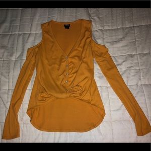 Long sleeve, cold shoulder, button down shirt